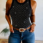 Women's Rhinestone Argyle Pattern Ribbed Tank Top Slim Fit Top