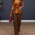 Women's Two Piece Outfit Vintage Floral Twist Front Top and Straight Leg Pants Set