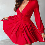 Deep V Neck Lantern Sleeve Ruched Pleated A Line Flowy Dress Single Breasted Decor Cinched Waist Party Dress