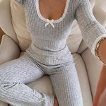 Women's 2 Piece Ribbed Lounge Sets Lace Trim Long Sleeve Top and High Waisted Pants Pajamas Sets with Pockets