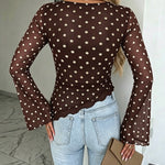 Women's Polka Dot Mesh Top Flare Long Sleeve Boat Neck Lined Asymmetric Frill Hem Blouse Vintage Party Shirt