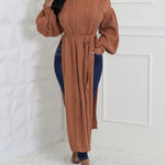 Cable Textured High Neck Lantern Sleeve Bow Tie Waist Sweater Casual High Slit Knit Longline Top