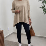 Women's Asymmetric Hem Long Sleeve Top Loose Fit Dropped Shoulder Crewneck Soft Slouchy Casual Tee