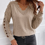 Women's Lace Patchwork V-Neck Top Hollow Out Drop Shoulder Long Sleeve Knit Pullover Elegant Loose Fit Casual Tee