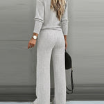 2 Pieces Outfit Button Decor V-Neck Long Sleeve Top and Elastic Waist Straight Leg Pants Set Casual Ribbed Set