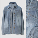 Women's Rhinestone Denim Jacket Washed Button-Down Shacket Sparkling Loose Fit Long Sleeve Casual Outerwear