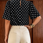 Women's Mock Neck Chiffon Blouse Polka Dot Ruched Elegant Flared Sleeve Top Casual Office Commute Shirt