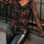 Women's Vintage Floral Mesh Cowl Neck Ruched Side Flare Long Sleeve Top