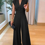 Women's Lapel V Neck Jumpsuit Cap Sleeve High Waisted Wide Leg Overalls Elegant Suit Jumpsuit