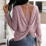 Women's Long Sleeve Knit Top Backless Twist Lace Panel Casual Tee