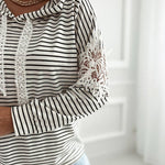 Striped Contrast Floral Lace Patchwork Long Sleeve Pullover Casual Lace Drawstring Hoodie Sweatshirt