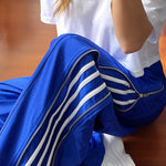 Contrast Side Striped & Zipper Slit Side Drawstring Elastic Waist Trousers Casual Wide Leg Pants