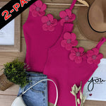 2 Pack Solid 3D Flower Tank Top Asymmetrical Neck Sleeveless Casual Ribbed Knit Camisole