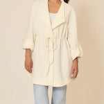 Women's Textured Drawstring Waist Lapel Coat Mid-length Roll Up Sleeve Button Front Trench Jacket
