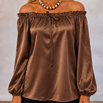 Women's Off Shoulder Satin Frill Trim Tie Front Lantern Sleeve Top