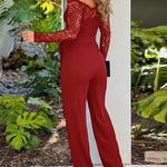 Off Shoulder Long Sleeve Eyelash Lace Spliced Slim Fit Overalls Casual Zipper Back Jumpsuit with Belt