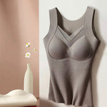 Sheer Mesh Spliced V Neck Sleeveless Built In Bra Tank Casual Warm Fleece Lined Slim Fit Top