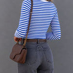 Women's Striped Ribbed U-Neck Long Sleeve Top Slim Fit Contrast Trim Tee