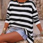 Women's Striped T Shirt Long Sleeve Drop Shoulder Crewneck Tee Side Slit Casual Loose Fit Top