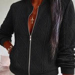 Women's Vintage Cable Knit Bomber Jacket Casual Argyle Zip Up Crop Coat with Pockets