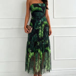 Women's Tropical Leaf Print Tube Maxi Dress Sexy Sheer Mesh Rhinestone Ruched Long Dress with Detachable Clear Straps