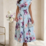 Women's Skew Neck Midi Dress Elegant Ruched Floral A-Line Dress High Waisted Vacation Dress with Pockets