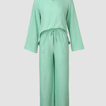 2 Piece Notch Neck Long Sleeve Asymmetrical Hem Tops Stretchy Waist Straight Leg Pants Lounge Sets Tracksuit