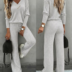 2 Pieces Outfit Button Decor V-Neck Long Sleeve Top and Elastic Waist Straight Leg Pants Set Casual Ribbed Set