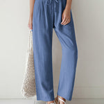 High Waist Trousers Solid Color Palazzo Pant Beach Casual Boho Drawstring Bottoms