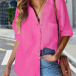 Nadorine Solid Color Casual Long Sleeve Pocket Blouse for Women Casual Work Office Loose Fit 2026 | Under
