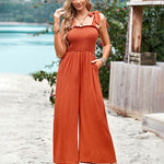 Sleeveless Lace-up Smocked Jumpsuits Solid Loose fit Wide Leg High Wasit Romper