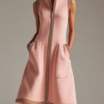 Sporty Retro Striped Ribbed Pink Cotton Blend Sleeveless Midi Dress