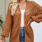 Solid Color Hollowed Out Knitted Cardigan Loose V-Neck Long Sleeved Cardigan Top
