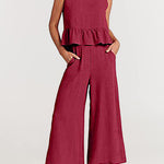 Nadorine 2 Piece Outfits Sleeveless Ruffle Tank Crop Top and Wide Leg Pants Lounge Set with Pockets