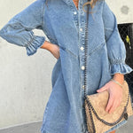 Nadorine Women's Denim Shirt Dress 3/4 Long Sleeve Button Down Babydoll Jean Shirt Dresses