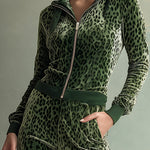 Retro Elegant Green Leopard Print Hooded Velvet Jumpsuit