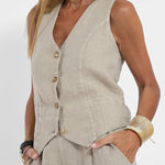 Women Casual Linen Waistcoat Two Set Suits