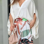 Two-piece Set V-Neck Batwing Sleeve Loose Top and Printed High-Waisted Wide Leg Pants Set