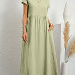 Loose Short Sleeves Pleated Solid Color Round-Neck Midi Dresses