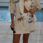 Kea Linen Blend Unique Print Short Sleeve Shirt and High Rise Wrap Panel Miniskirt Set