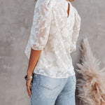 Nadorine Five Quarter Sleeves Puff Sleeves Round Neck Top Chiffon Loose Flower Texture Casual Shirt