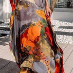 Batwing Sleeves Loose Gauze Printed Split-Joint V-Neck Maxi Dresses