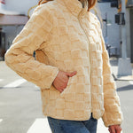 Long-sleeved Zippered Cardigan Loose Solid Color Checkered Plush Jacket