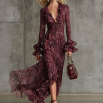 Elegant And Fashionable Burgundy Chiffon Snakeskin Pattern Ruffled Long-Sleeved Maxi Dress