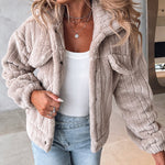 Textured Striped Turn-down Collar Button Front Elastic Cuff and Hem Teddy Fleece Jacket With Decorative Flap Pockets