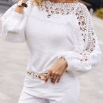 Crewneck Guipure Lace Long Sleeve Hollow Out Knit Sweaters Pullover Tops