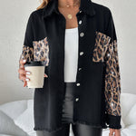 Contrast Sequin Leopard Print Spliced Turn-down Collar Button Front Denim Jacket Casual Pockets Design Raw Hem Coat