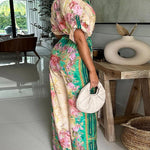 Vintage Floral Print Turn-down Collar Roll Up Sleeve Button Front Overalls Casual Drawstring Stretchy Waist Wide Leg Vacation Jumpsuit