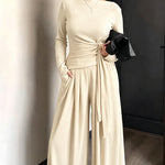 Women's 2 Piece Knit Lounge Set Long Sleeve Tie Waist Top and High Waisted Wide Leg Pants Casual Soft Sweatsuit with Pockets
