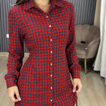 Women's Vintage Plaid Drawstring Long Sleeve Casual Dress Shirred Button Down Shirt Dress